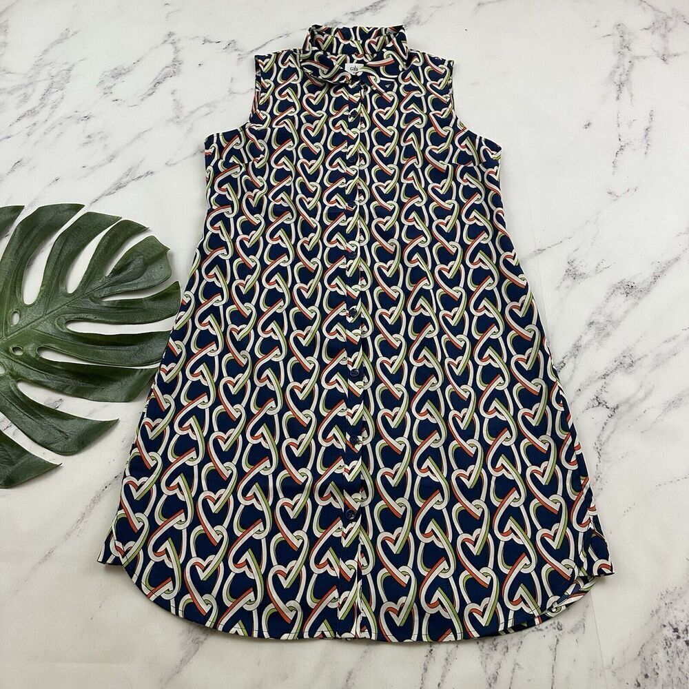 Cabi Womens Amour Heart Chain Shirt Dress Size M Blue Orange Buttons Sleeveless
